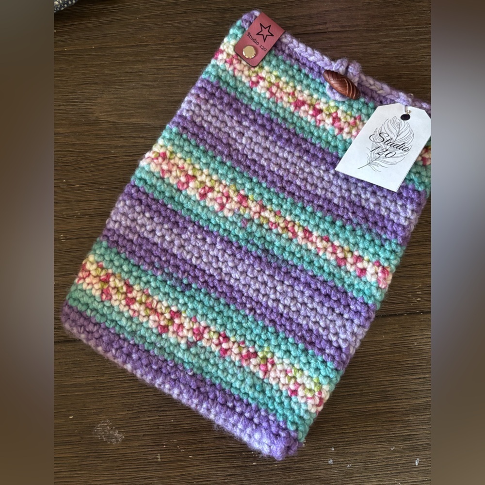 Handmade crochet Medium Pouch with button book cover, mini ipad case